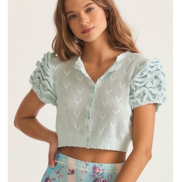 LoveShackFancy Preilla Crop Knit Cardigan New Large Mint Frost - Picture 15 of 15